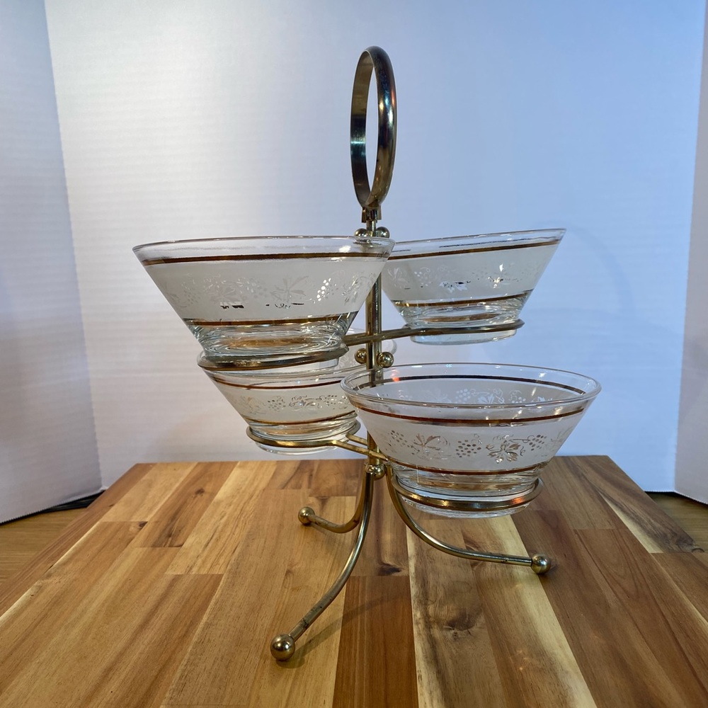 Beautiful Vintage Gold 4 Dish Condiment Serving Set Lazy Susan Grapevine